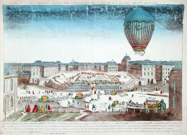 Voyage en ballon de François Pilâtre de Rozier (1754-96) au-dessus du Château de Versailles, 23 juin - French School