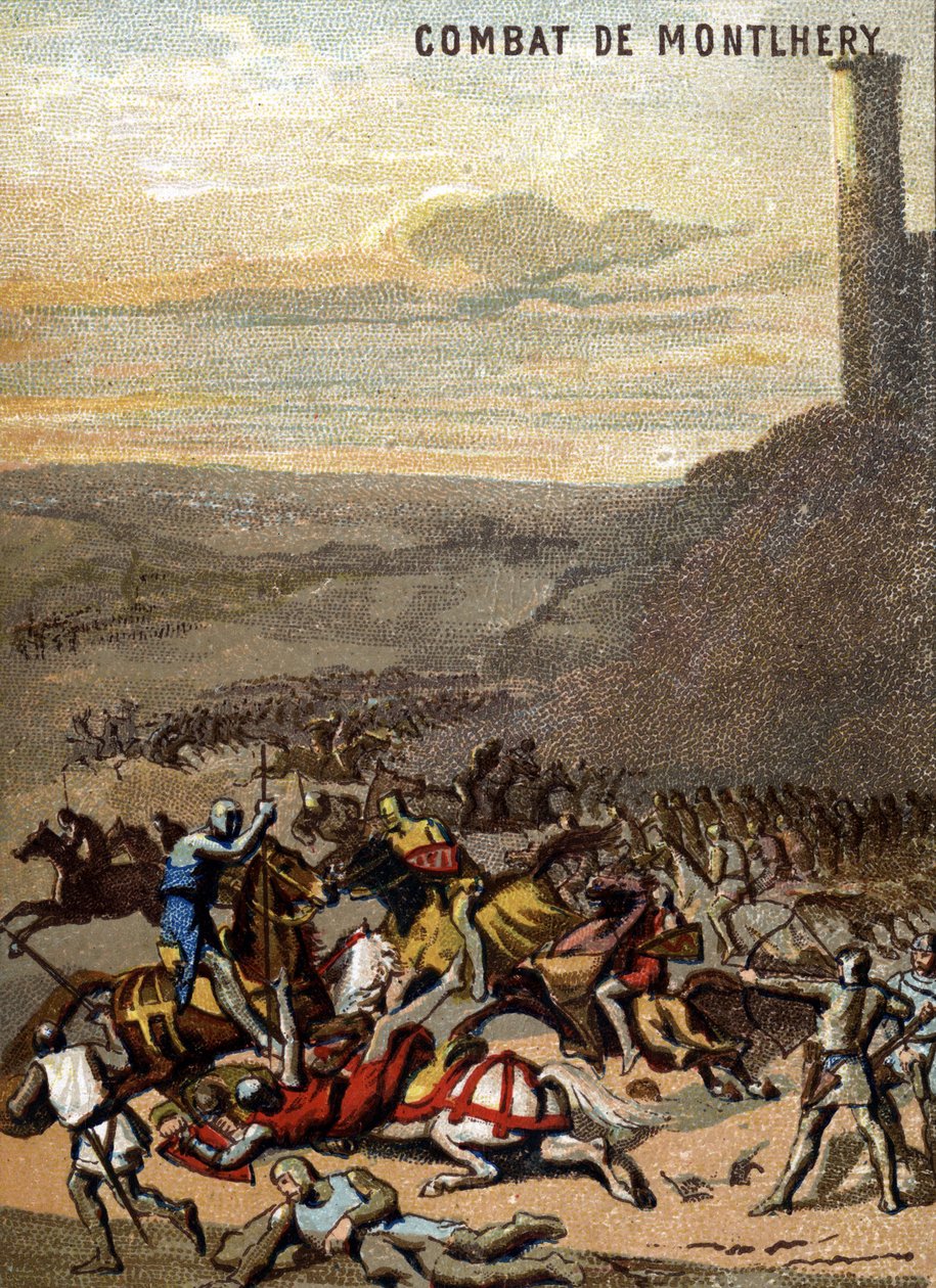 La bataille de Montlhéry (1227) : Les royaumes et la féodalité - Blanche de Castille, régente de son fils Louis IX mate la révolte des grands féodaux. Chromolithographie de la série « Éducation patriotique par l