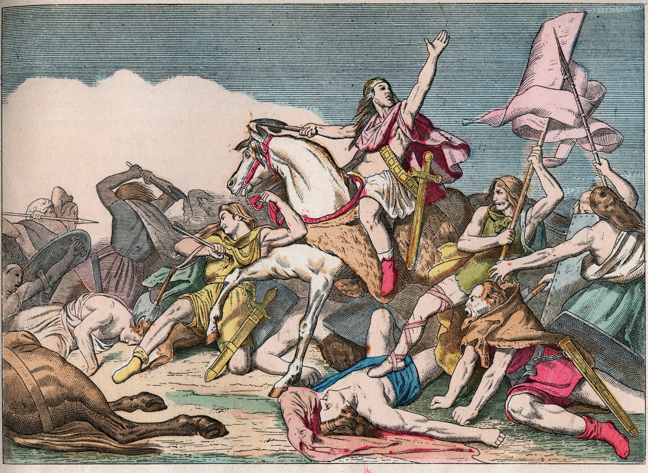 La bataille de Tolbiac, victoire de Clovis sur les Alamans (496) - Gravure de la fin du XIXe siècle dans "Nos Gloires Nationales - Images et récits" - French School