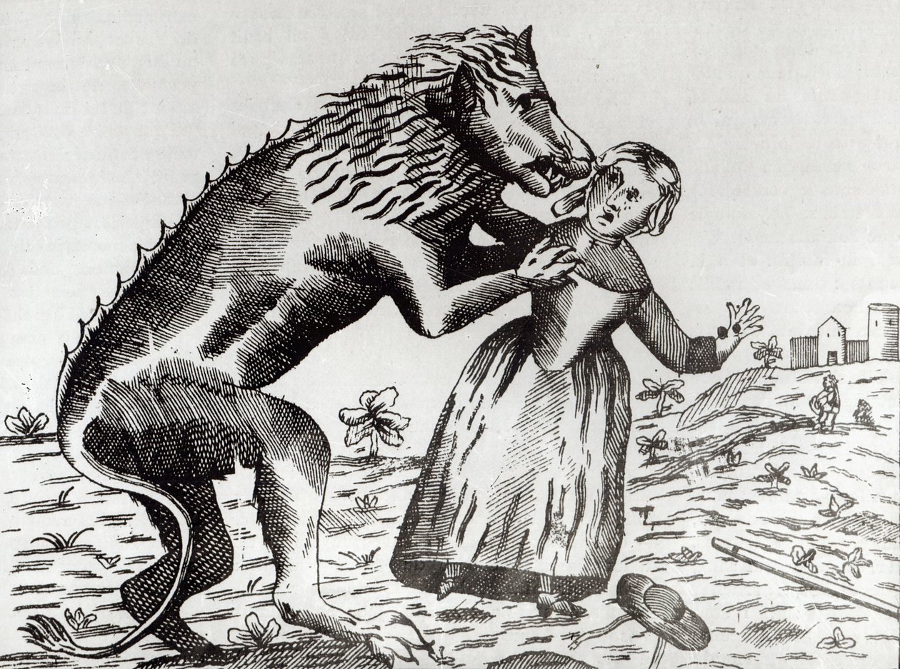 La Bête du Gévaudan attaquant une jeune fille - French School