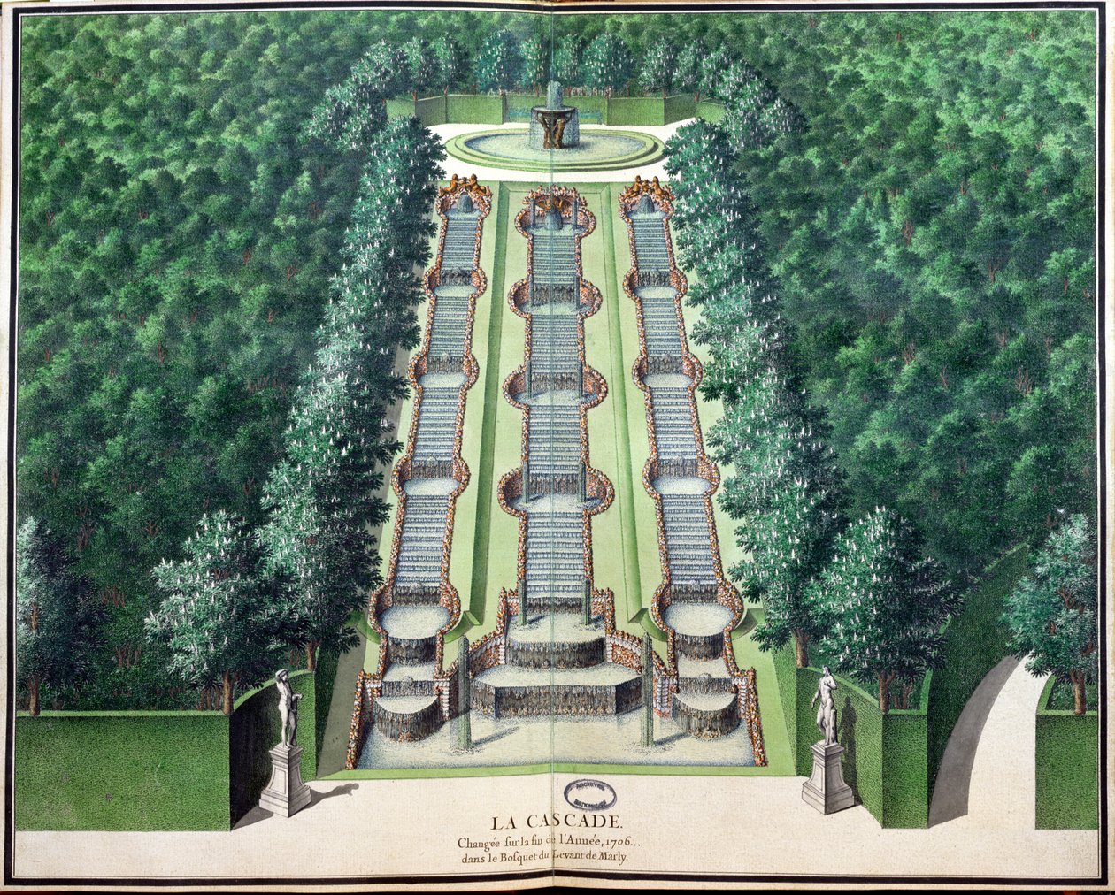 La Cascade, modifiée à la fin de 1706, dans le bosquet sur la colline, de Jardins de Marly, début du XVIIIe siècle - French School
