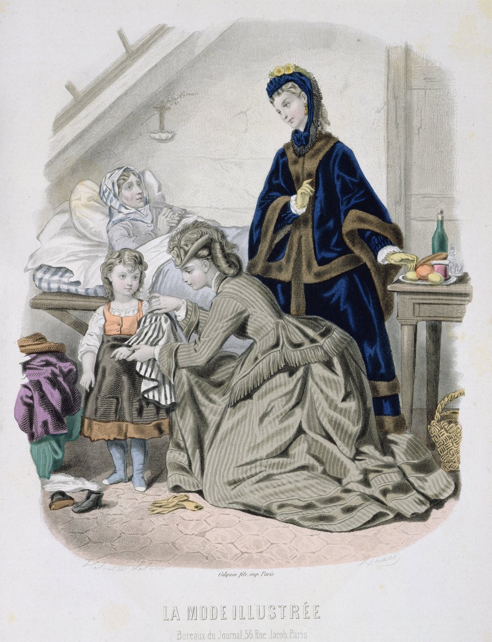 La visite charitable, illustration de La Mode Illustrée, vers 1870 - French School