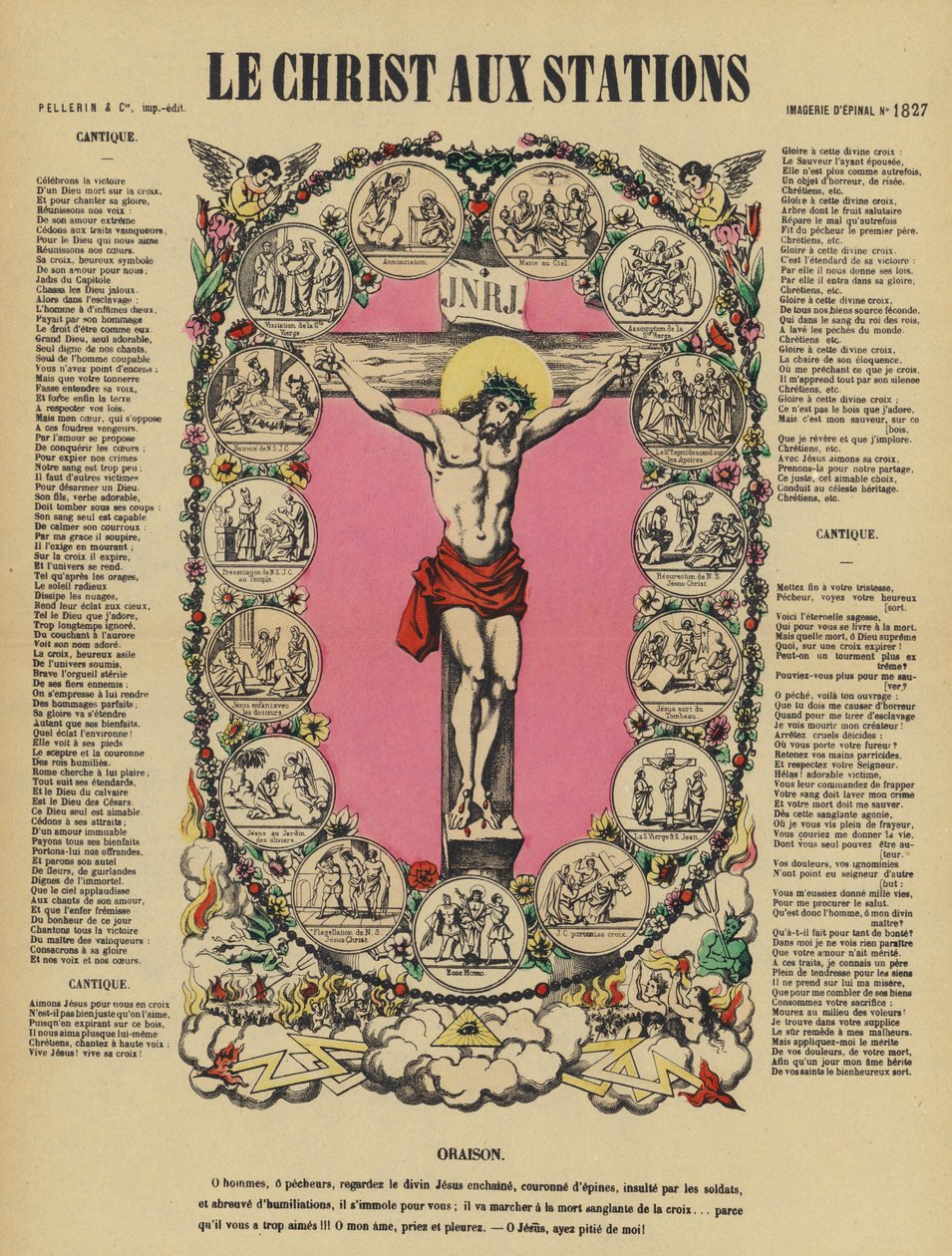 La crucifixion de Jésus et le chemin de croix (lithographie couleur) - French School
