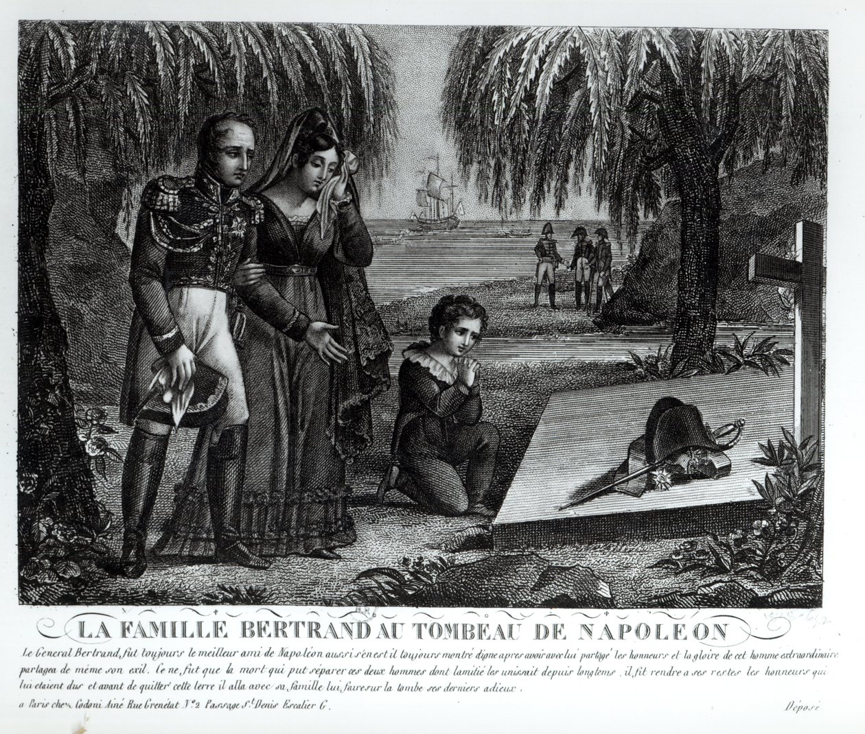 La famille du général Henri-Gratien Bertrand (1773-1844) au tombeau de Napoléon Bonaparte (1769-1821) 1821 (lithographie) (photo en noir et blanc) - French School