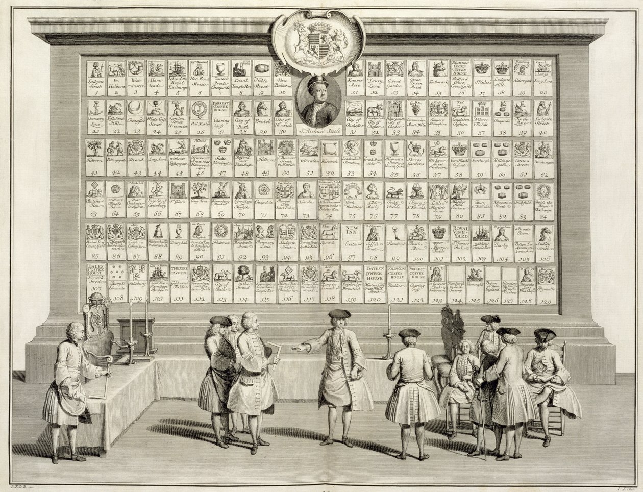 Les Francs-Maçons, avec des signes pour les différentes loges, tiré de Les Cérémonies de la Religion et de la Coutume, c.1733 - French School