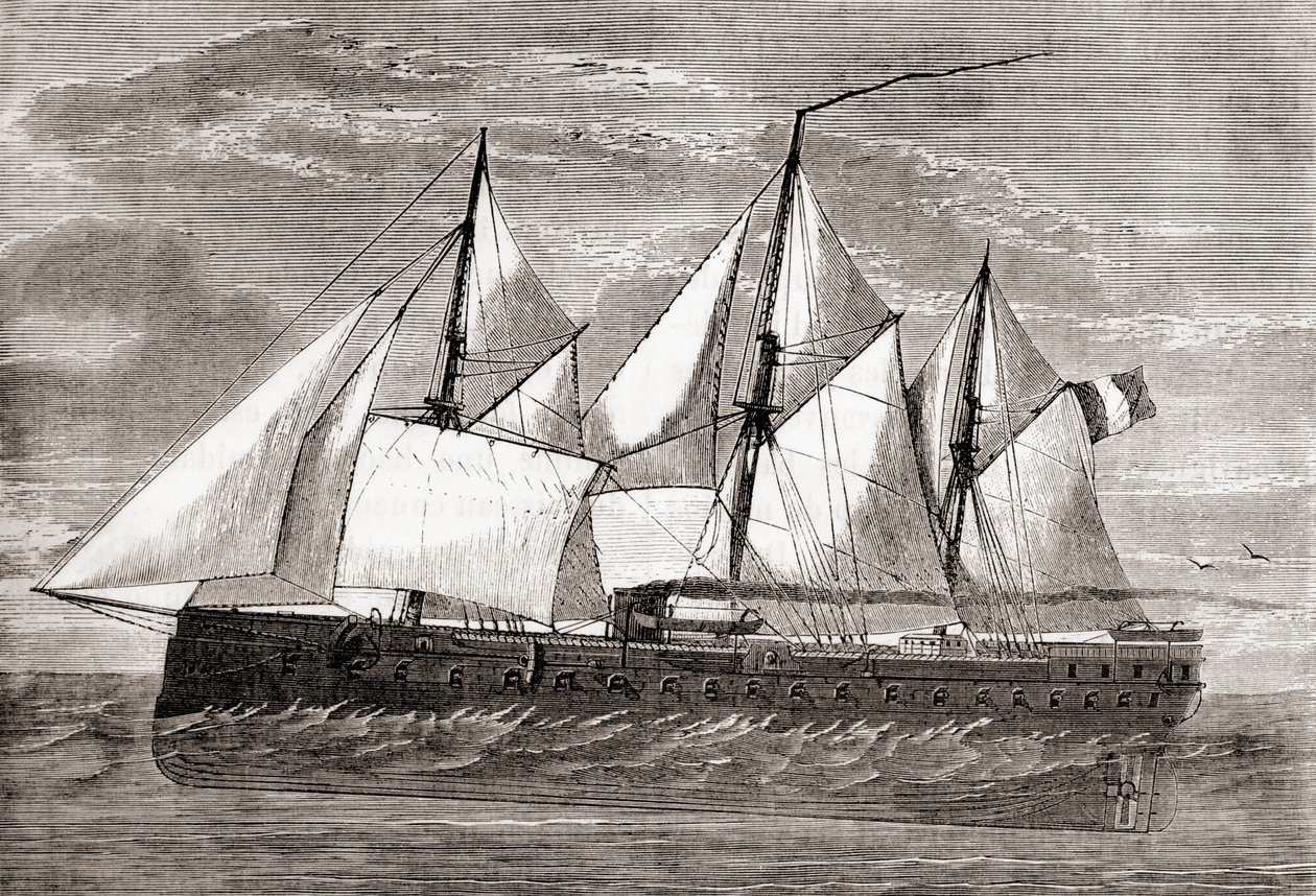 Le cuirassé français Gloire, le premier cuirassé océanique, lancé en 1859, extrait de Les Merveilles de la Science, publié vers 1870 (gravure) - French School