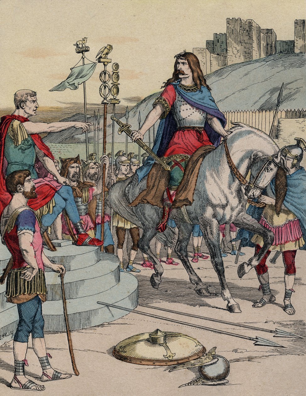 Le chef gaulois Vercingétorix (72-46 av. J.-C.) se rendant au chef romain Jules César (100-44 av. J.-C.) après la bataille d