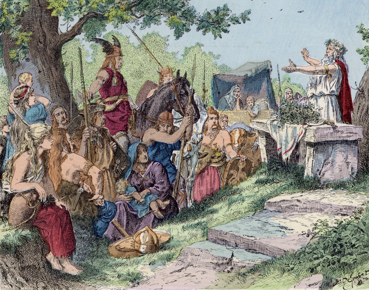 Les Gaulois avant la conquête romaine (lithographie couleur) - French School