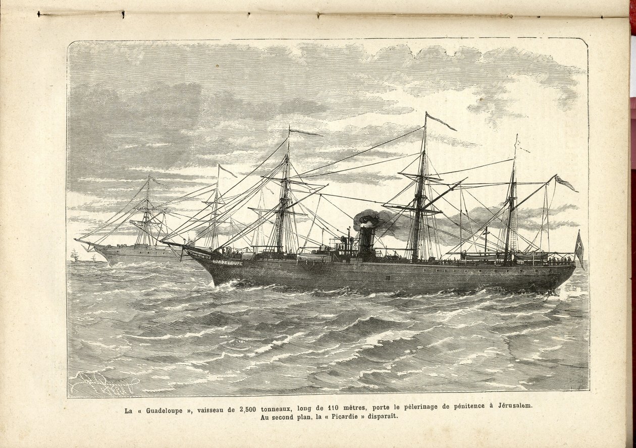 Le « Guadeloupe », un navire de 2 500 tonnes, mesure 110 mètres de long, transporte le pèlerinage pénitentiel à Jérusalem., Anonyme, Le Pèlerin - French School