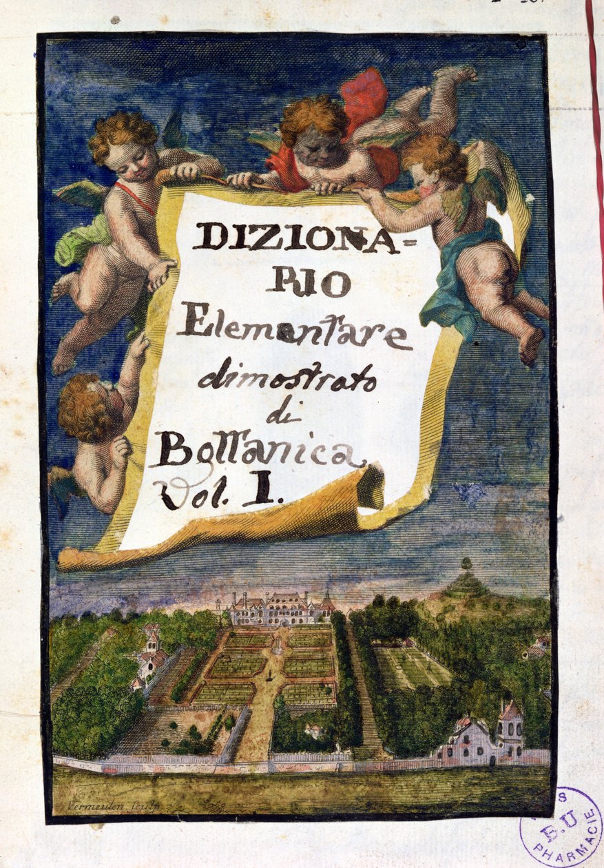 Le Jardin des Plantes à Paris, frontispice du Dizionario Elementare dimostrato di Bottanica, volume I Istitutiones Rei Herbariae, par Joseph Pitton de Tournefort (1656-1708), publié à Paris - French School
