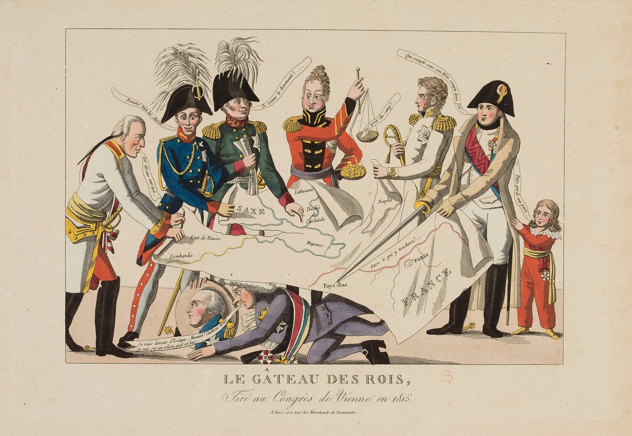 Le gâteau des rois coupé au Congrès de Vienne (novembre 1814-juin 1815), c.1815 (gravure en couleur) - French School