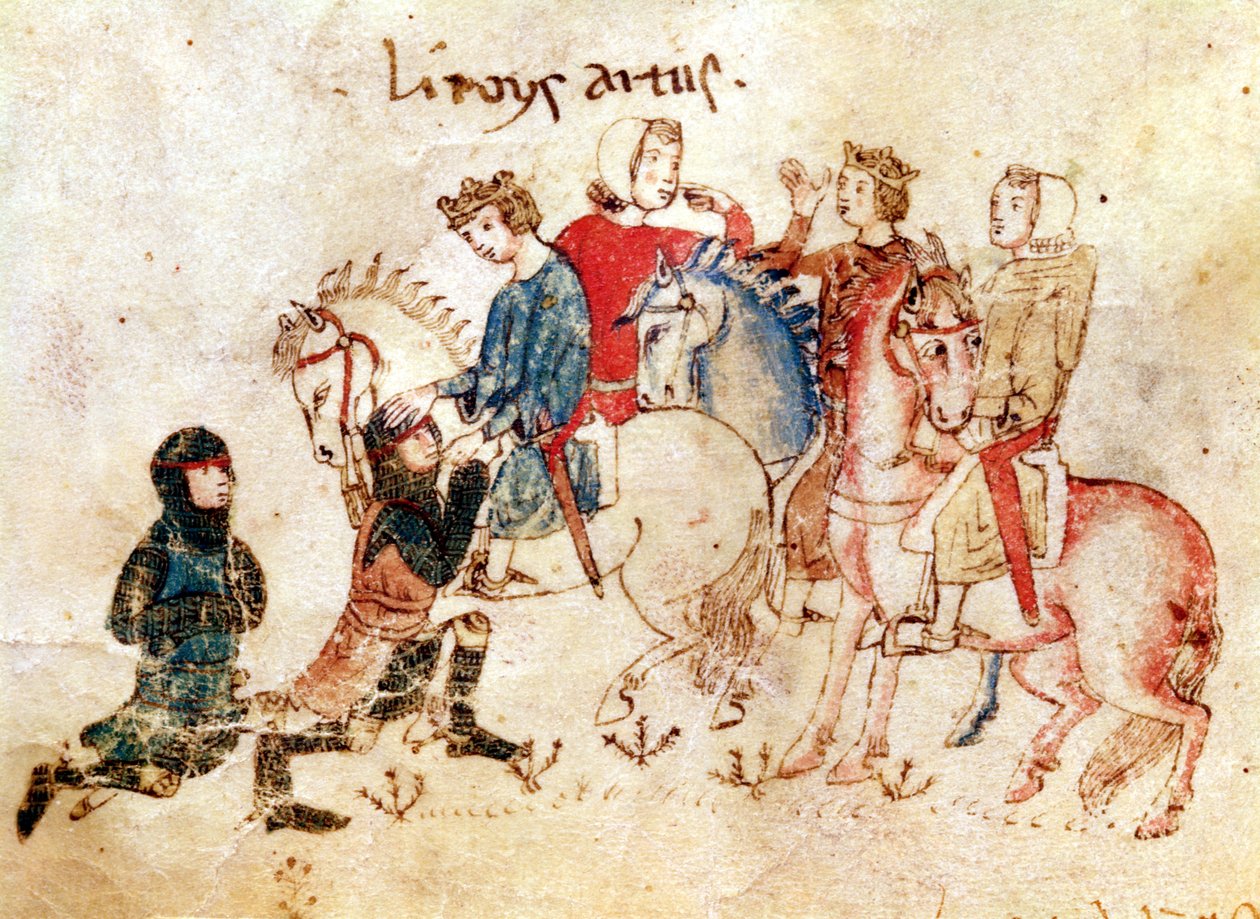 Les chevaliers Esclabor et Arphasar offrent leurs services au roi Arthur, du Roman de Meliadus - French School