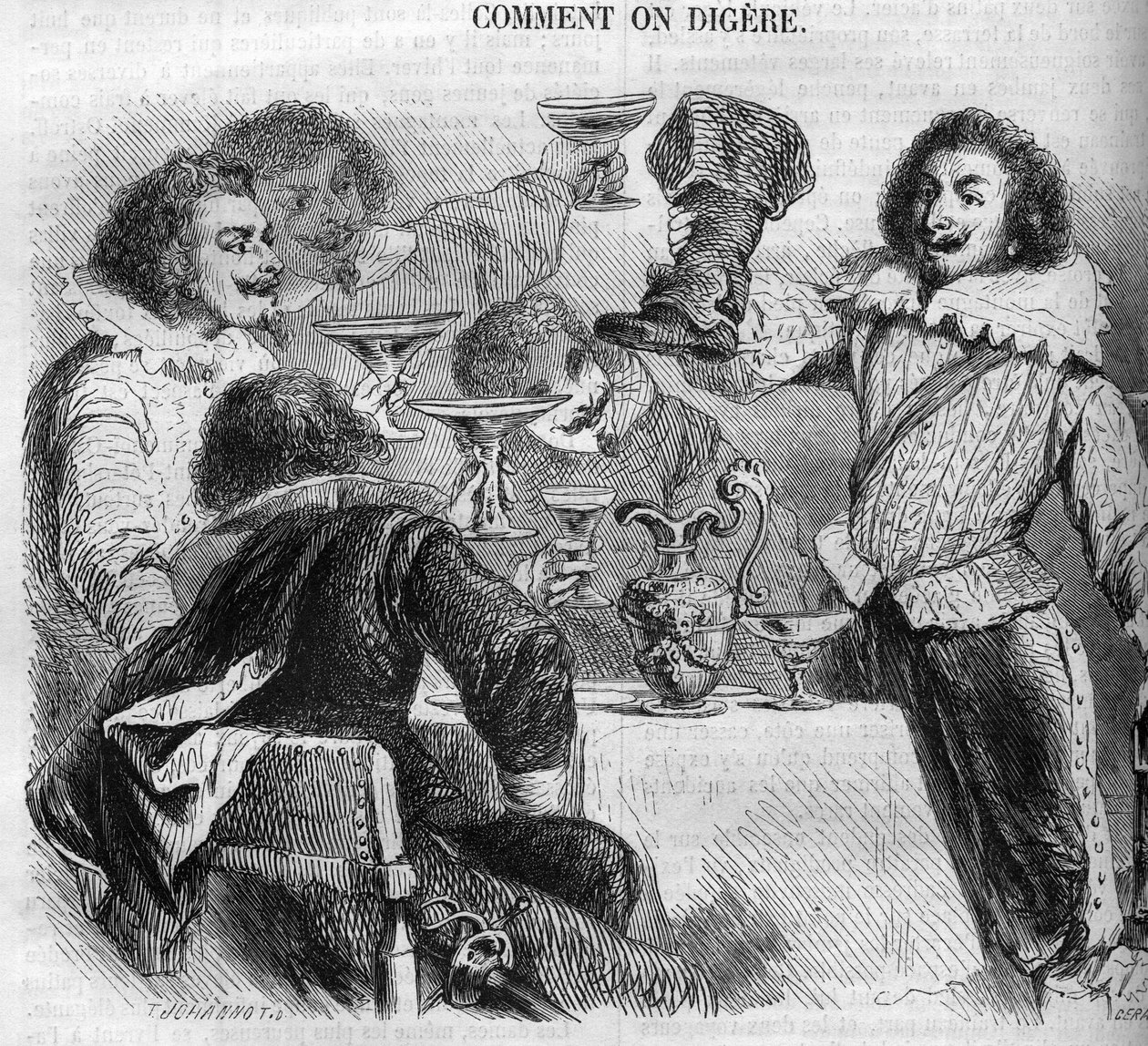 Le marquis François de Bassompierre (1579-1646) (maréchal de Bassompierre) buvant dans sa botte de chaudron. Gravure de 1852. - French School