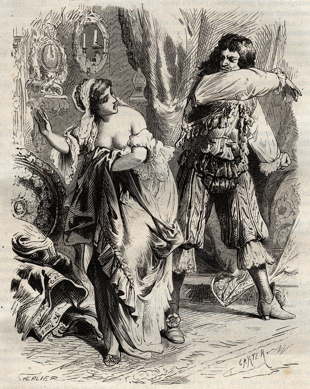 Le Marquis de Montespan, Louis Henri de Pardaillan de Gondrin (1640-1691), gifle sa femme, la Marquise de Montespan (Françoise Athénaïs) de Rochechouart Mortemart (ou Madame de Montespan) (1640-1707), car elle lui a refusé par ordre du roi - French School