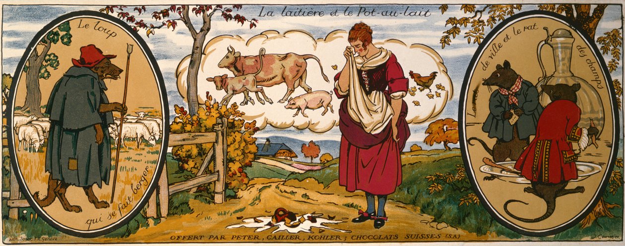 La laitière et le bidon de lait, tiré des "Fables" de Jean de La Fontaine (1621-95), carte de visite des chocolats suisses "Peter, Cailler, Kohler" (lithographie couleur) - French School