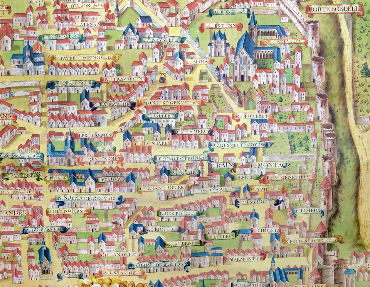 La Montagne Sainte-Geneviève, détail du plan de Paris réalisé vers 1540, appelé Plan de la Gouache, vers 1860 - French School