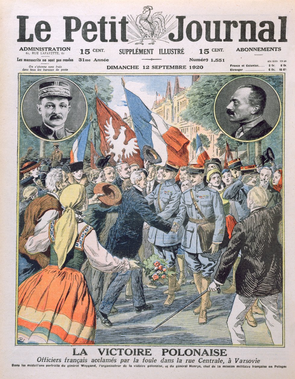 La victoire polonaise, officiers français acclamés par la foule dans la rue centrale de Varsovie, illustration de couverture du Petit Journal, 12 septembre 1920 - French School