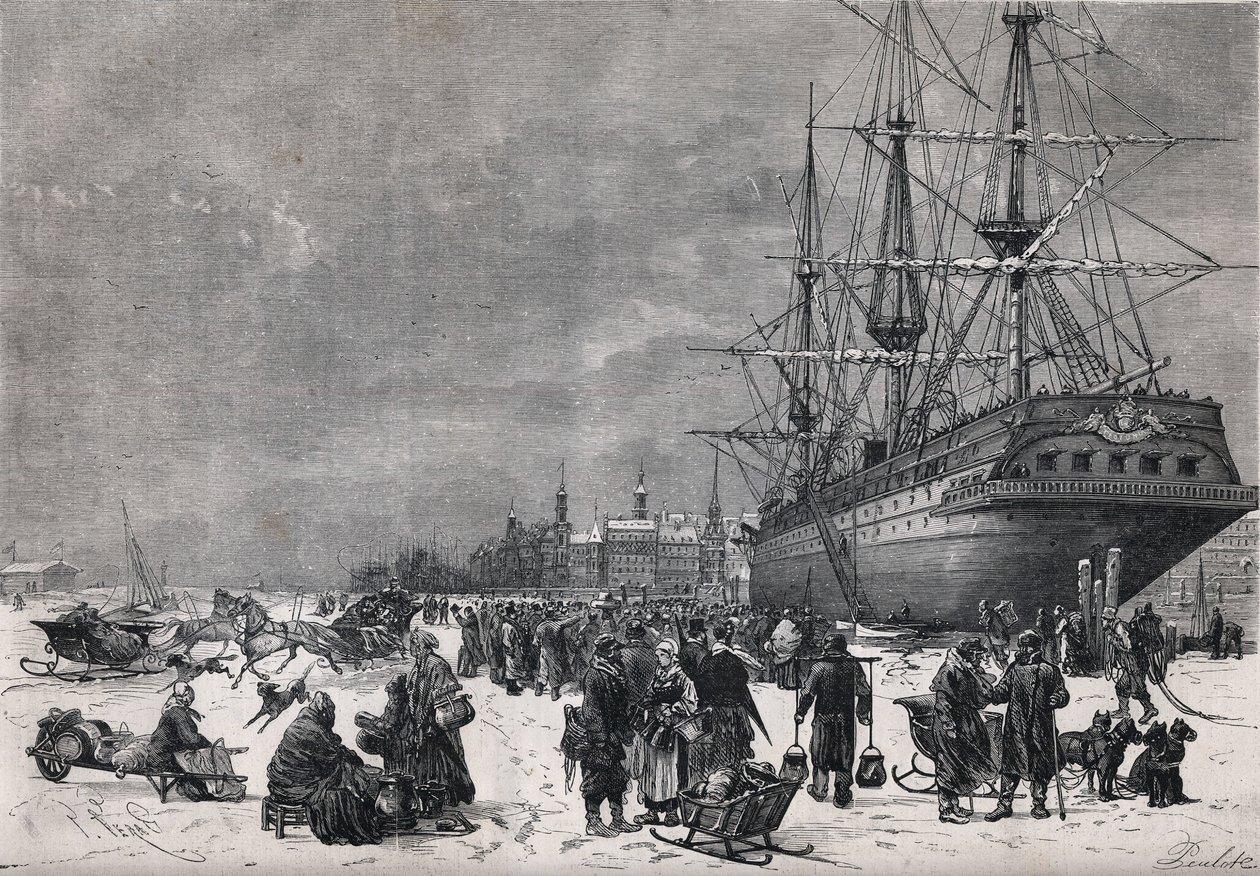Le navire prussien le "Teutonia" dans le port de Hambourg en Allemagne. Des soldats français y étaient prisonniers pendant la guerre de 1870. Gravure dans "Le Monde Illustré" n°743 du 8 juillet 1871. - French School