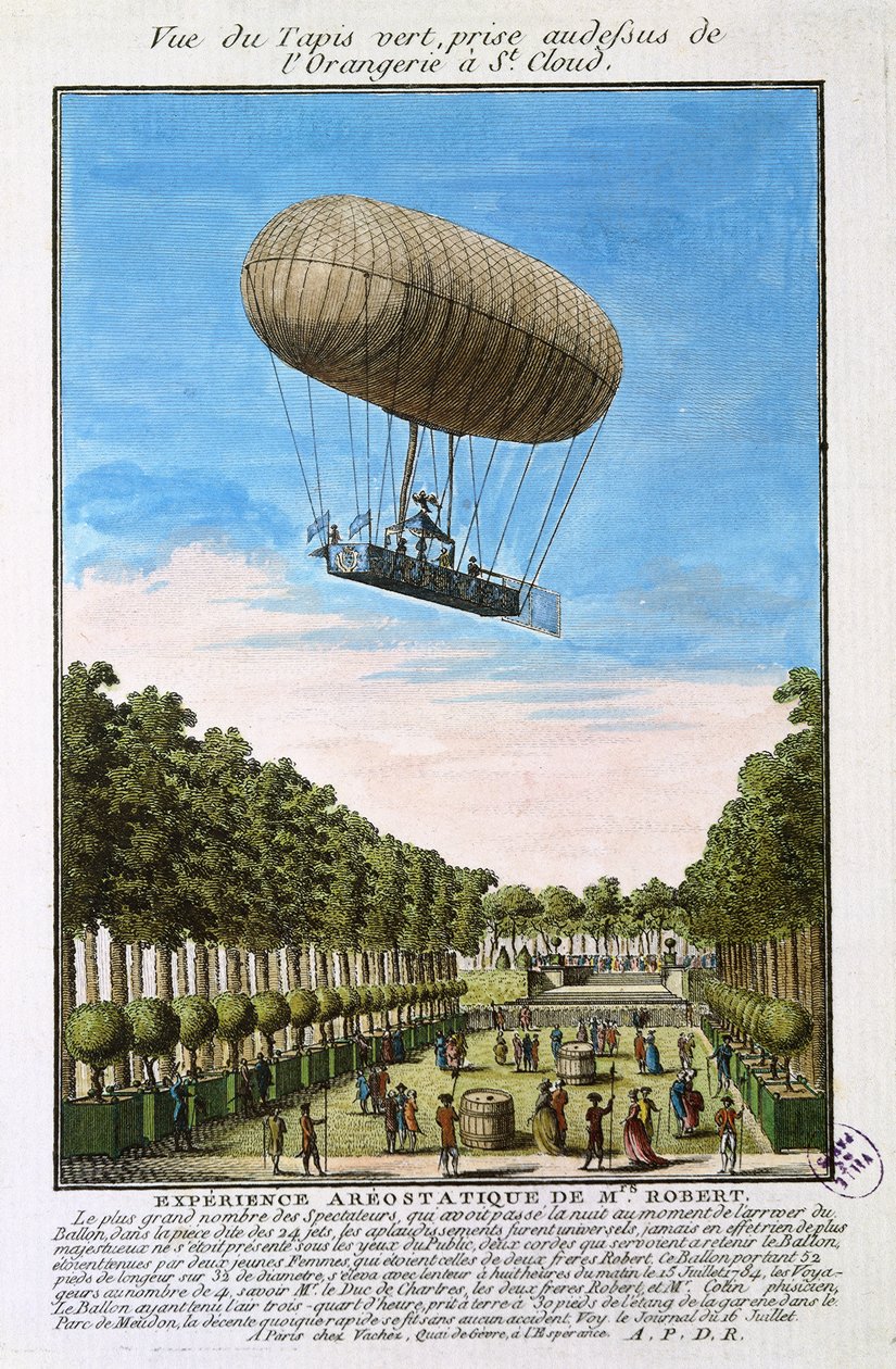 Le dirigeable Robert au-dessus de Saint-Cloud, Paris, 15 juillet 1784 - French School