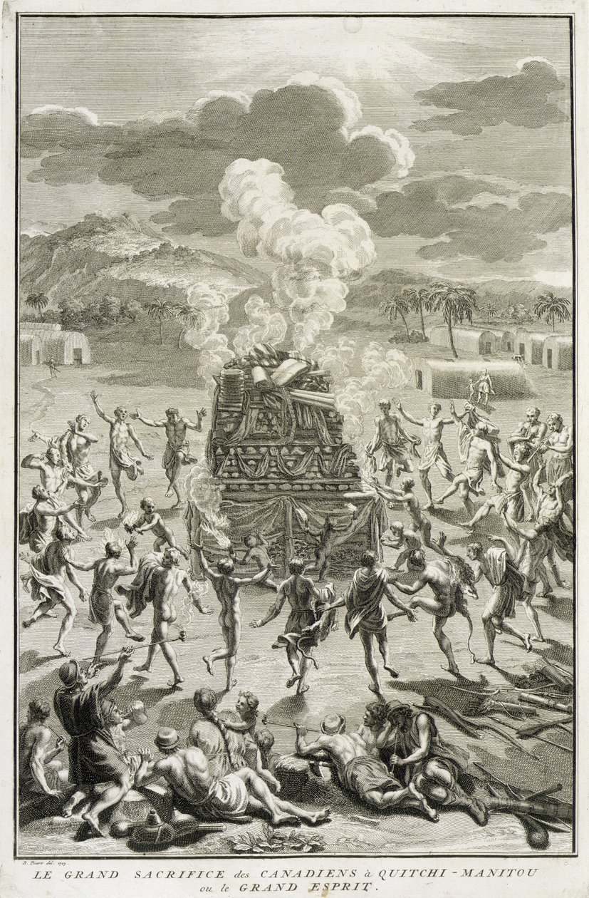 Le sacrifice à Quitchi-Manitou, ou Le Grand Esprit, par les Canadiens, illustration des Cérémonies et coutumes religieuses, gravée par Bernard Picart, 1723 - French School
