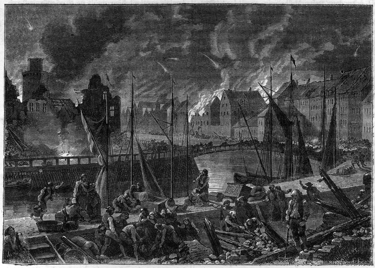 La deuxième bataille de Copenhague (ou le bombardement de Copenhague) (16 août-5 septembre 1807) bombardement britannique de Copenhague afin de saisir la flotte dano-norvégienne, pendant les guerres napoléoniennes - Guerres anglaises - La bataille de Copen - French School