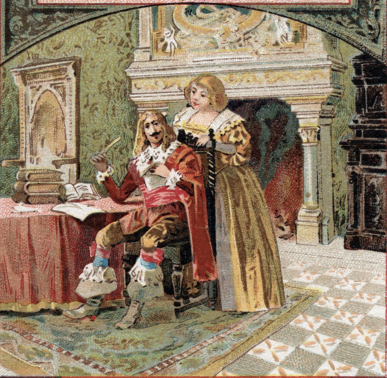 Le sire de Beringhen et Madame du Fargis complotent contre Richelieu (Armand Jean du Plessis, cardinal de Richelieu (1585-1642), ministre de Louis XIII, au château d