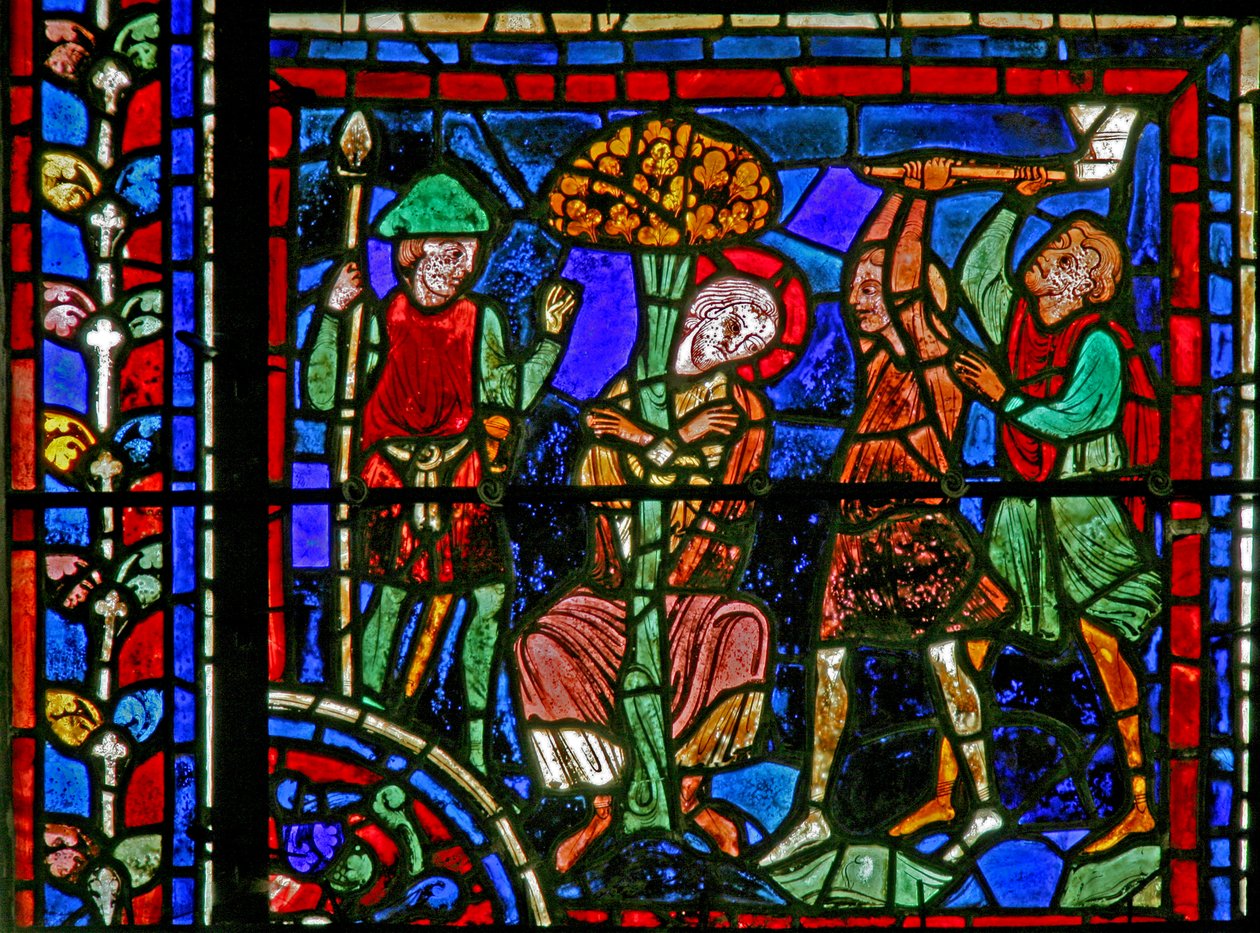 Le vitrail de Saint Martin : le saint est attaché à un arbre par deux brigands - French School