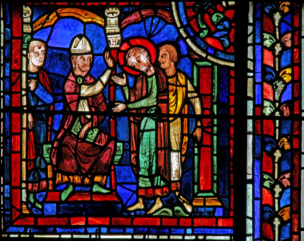 La fenêtre de Saint Martin : le saint reçoit une bénédiction de Saint Hilaire - French School