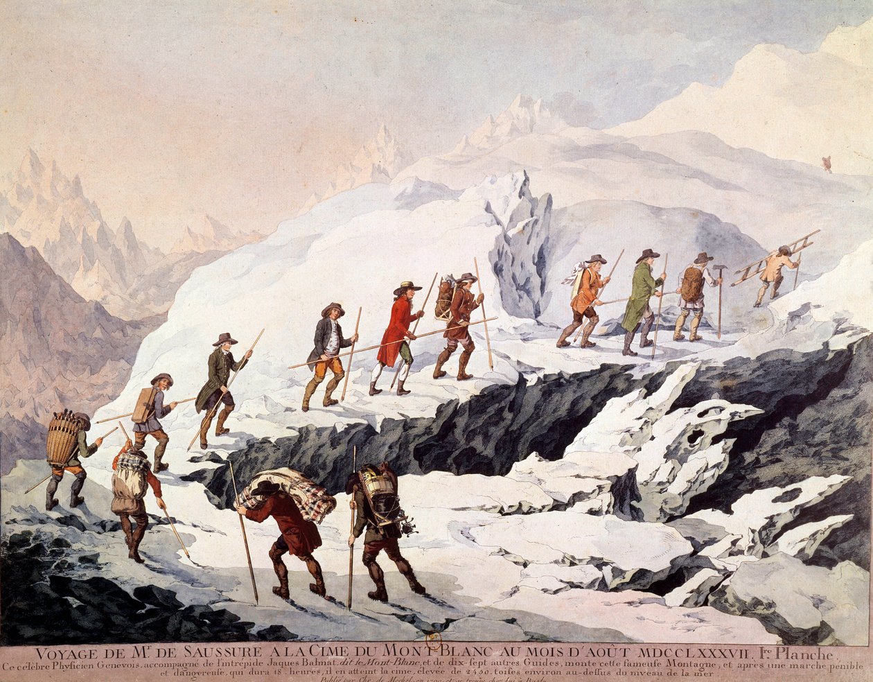 Der Schweizer Naturforscher Horace-Bénédict de Saussure und der französische Bergführer Jacques Balmat bestiegen im August 1787 zum zweiten Mal den Mont Blanc von French School