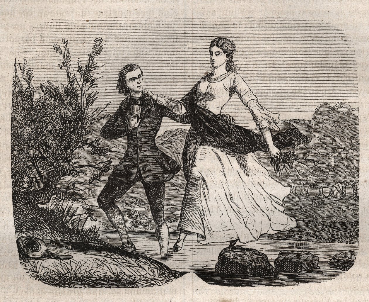 Le philosophe suisse Jean-Jacques Rousseau aidant Mademoiselle Galley à traverser un ruisseau. Gravure de 1871 dans "Histoire Des Cocus Célèbres" de Henry de Kock - French School