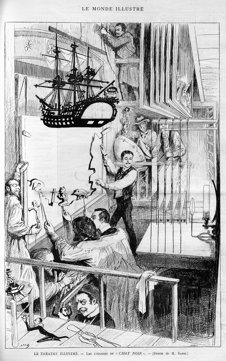 Le Théâtre illustré : dans les coulisses du "Chat noir". Gravure dans "Le Monde Illustré", 1888. - French School