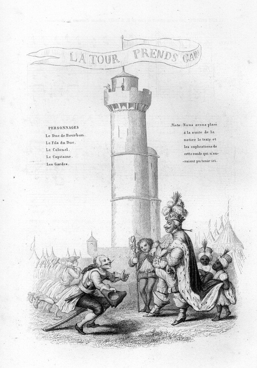 La tour est prudente. Un colonel avec un fusil descend vers le roi, suivi de pages. Gravure dans « Chants et chansons populaires de la France », Tome 2 - French School