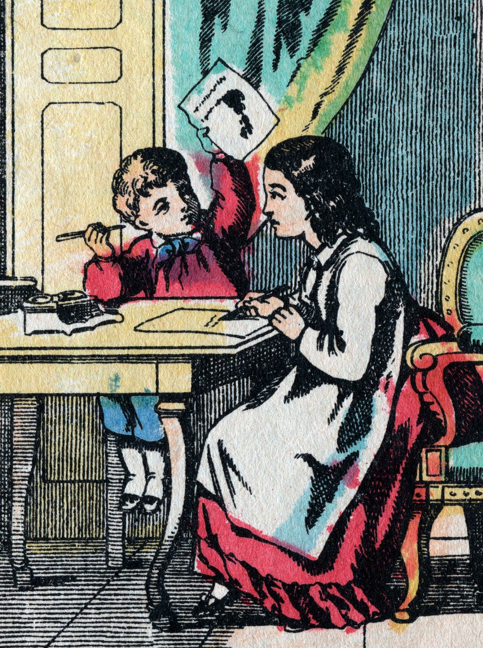 Les activités des filles de bonnes familles : aider un petit frère dans ses devoirs - Image d