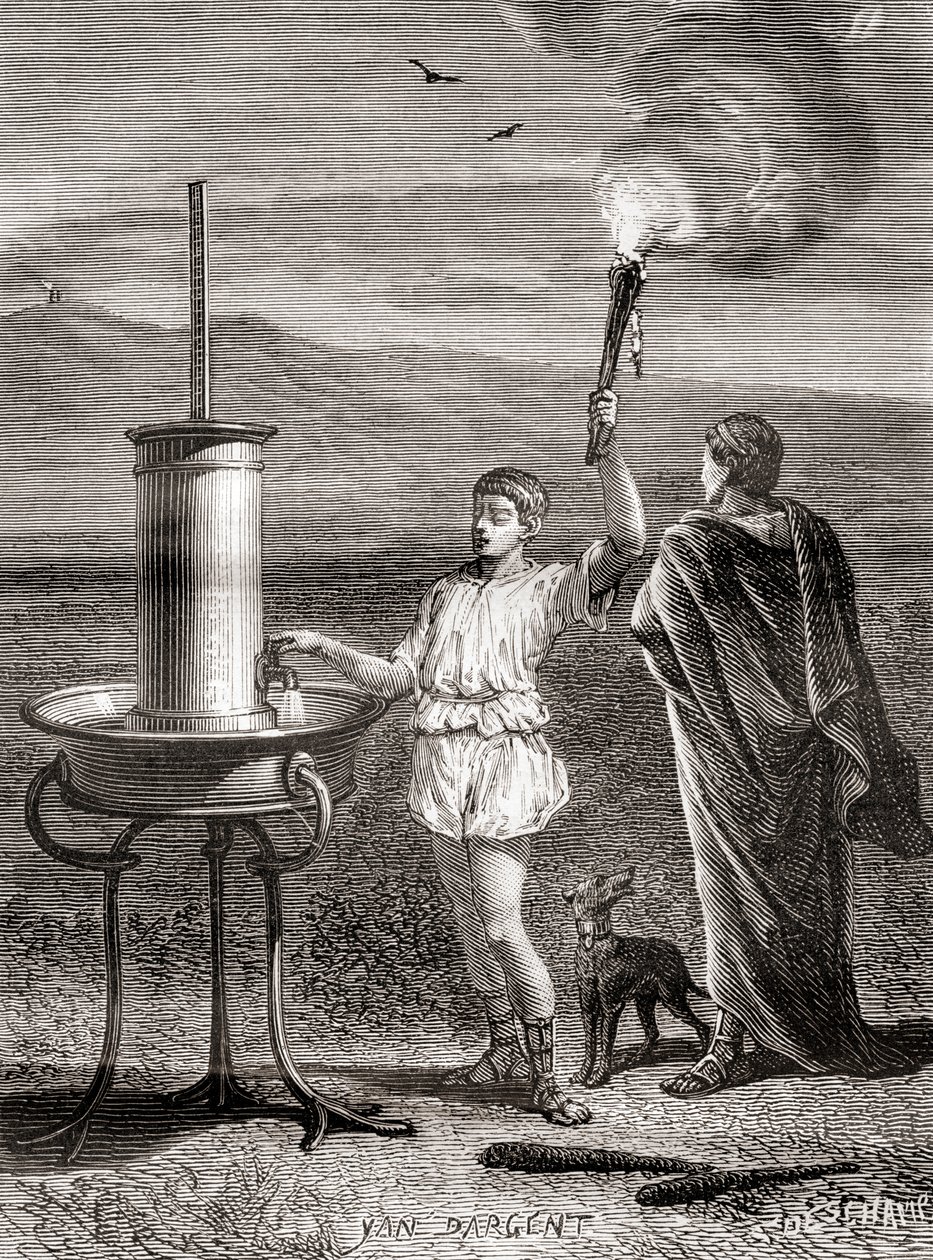Le système de sémaphore hydraulique grec antique utilisé par Énée pour envoyer un message, 4ème siècle avant JC, des Merveilles de la Science, publié vers 1870 (gravure) - French School