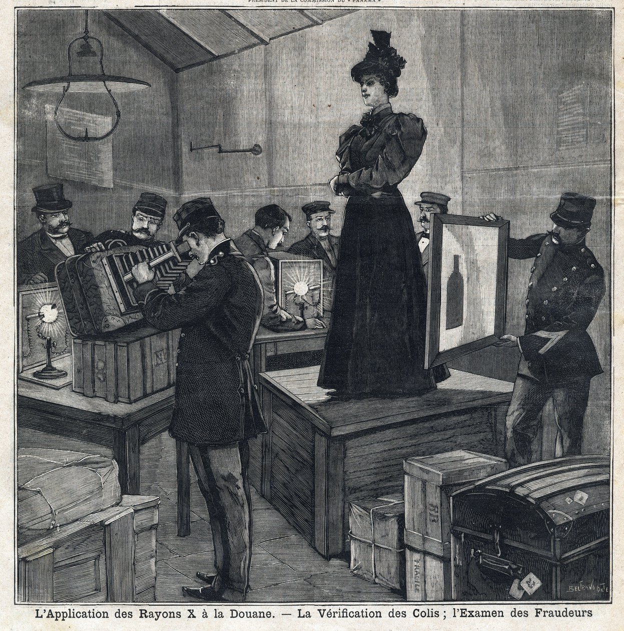 Application des rayons X : vérification des colis et examen des fraudeurs. Dans "Le Petit Parisien" le 11/07/1897. Collection privée - French School