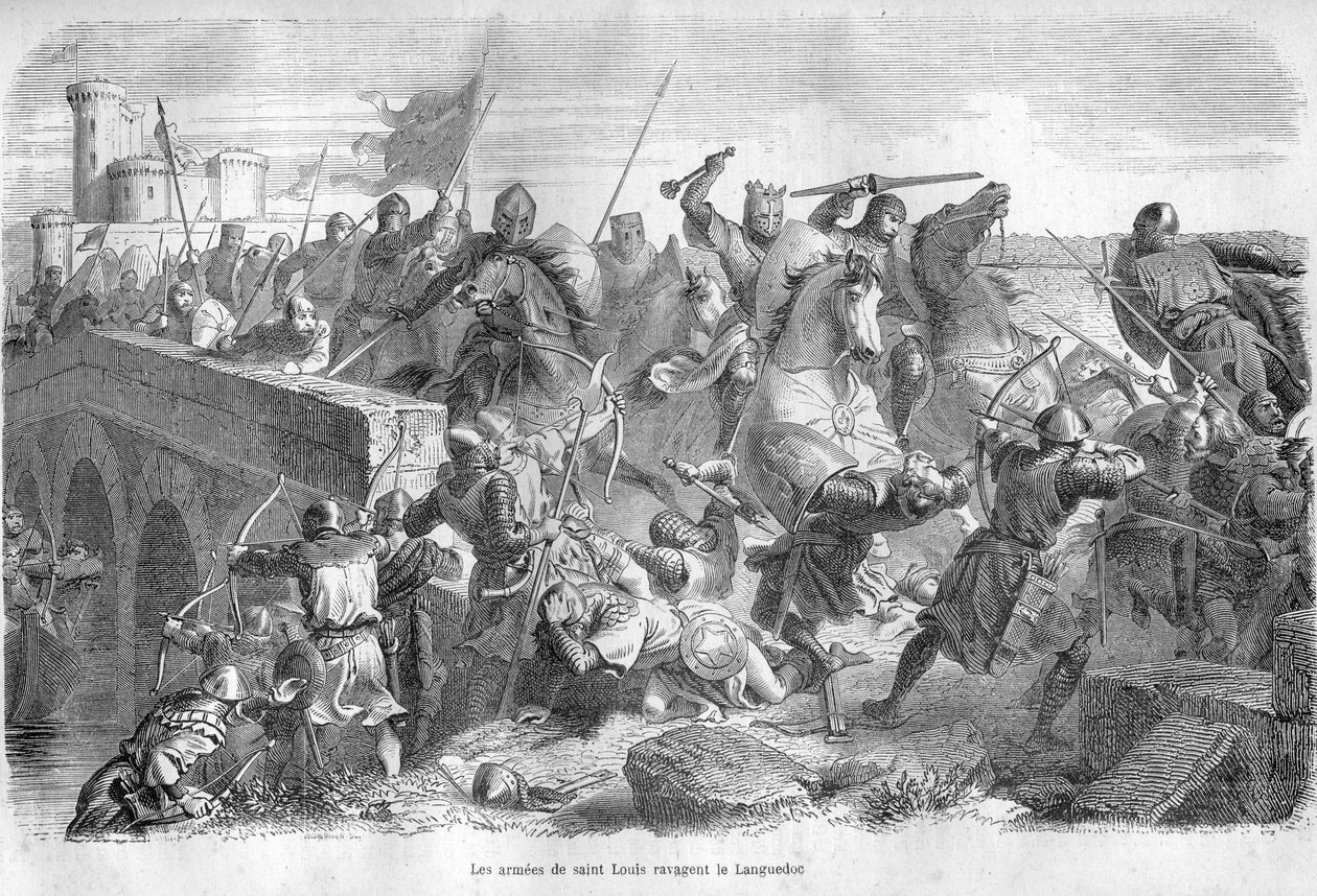 Les armées de Saint Louis ravagent le Languedoc au 13e siècle - Gravure dans "Histoire des Papes" (...) Crimes des Reines, Rois et Empereurs à travers les siècles" par Maurice Lachatre - French School
