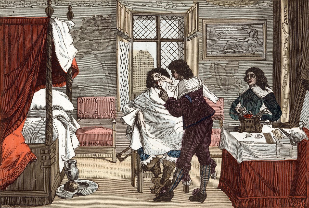 Le barbier, France, gravure par Abraham Bosse, vers 1640, gravure de "Paris à travers les siècles" tome V - French School
