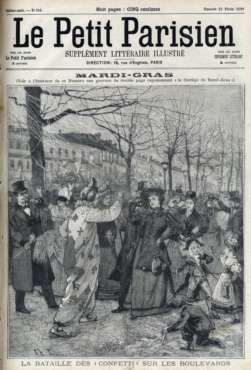 La bataille de confettis sur le boulevard parisien pendant Mardi Gras. Gravure dans "Le Petit Parisien" - French School