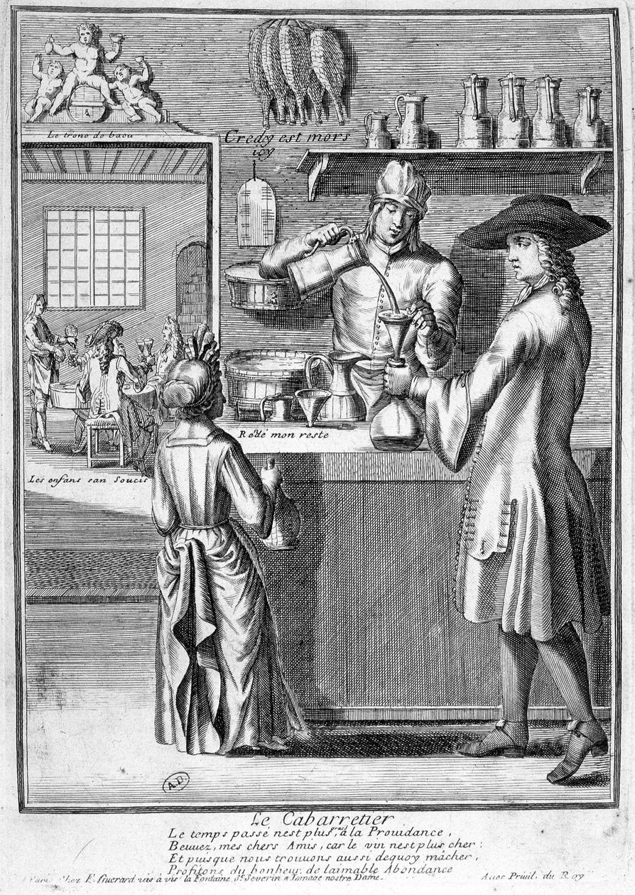 Le cabaretier préparant la carafe de vin - gravure - French School