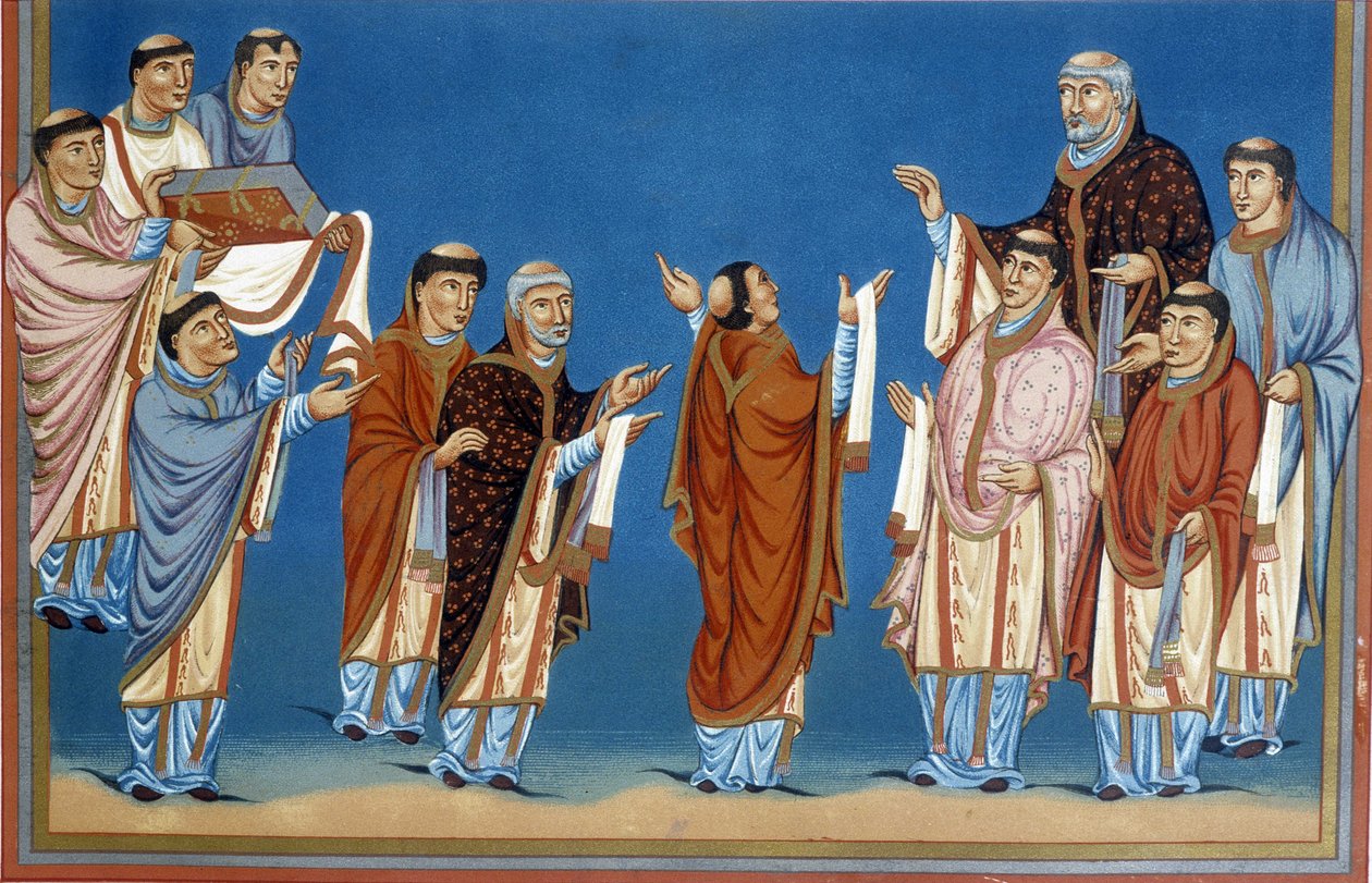 Les chanoines de Saint-Martin de Tours offrant au roi Charles II dit le Chauve (823-877) une Bible écrite dans leur abbaye. - French School