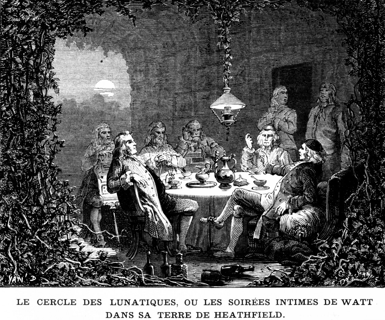 Le cercle des lunatiques, ou les soirées intimes de Watt dans les terres de Heathfield - dans « Album de la Science ; savants illustres ; Grandes découvertes » 1896 - French School