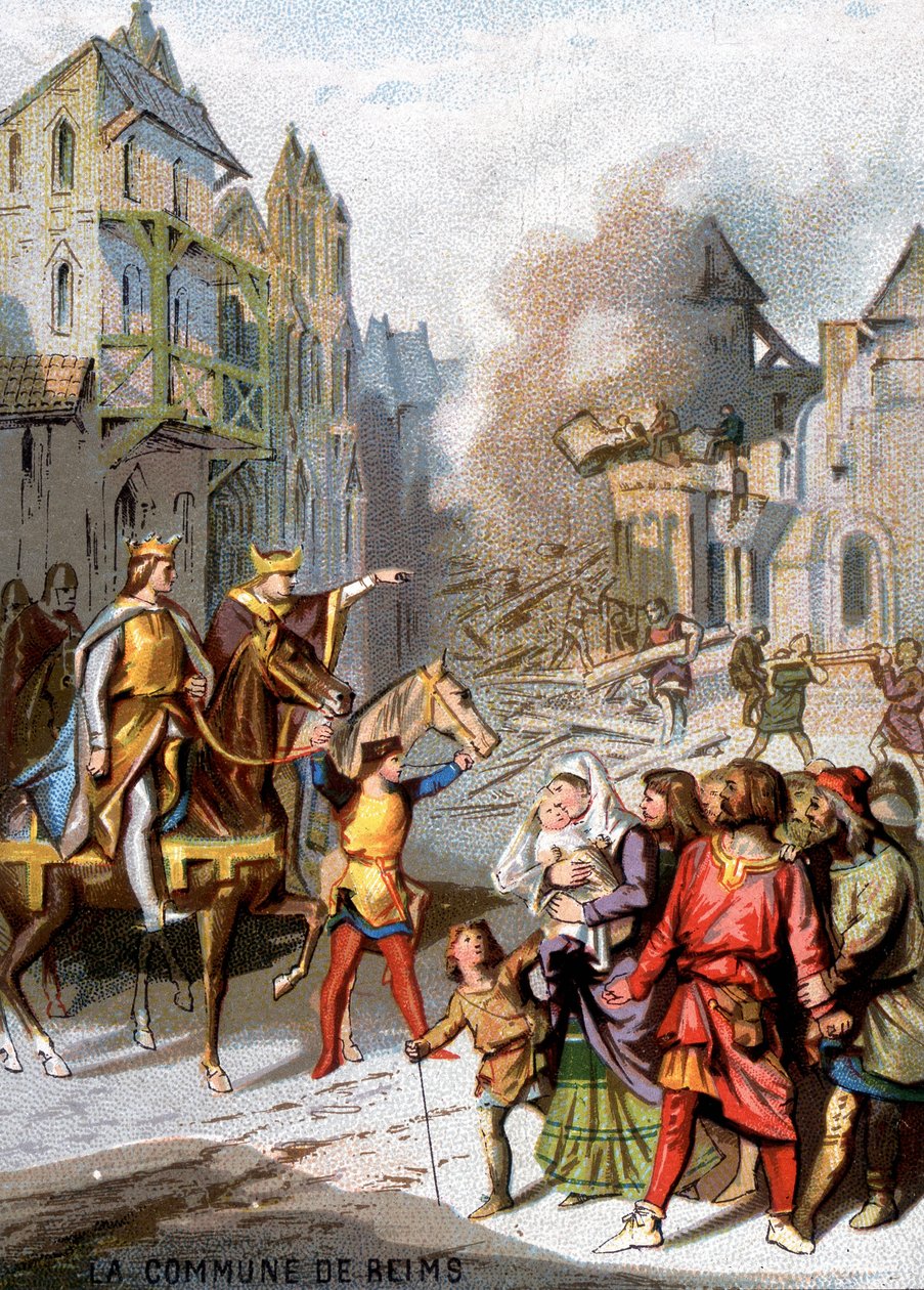 La commune de Reims (1160) - Représailles de Louis VII pour détruire les libertés communales des bourgeois de Reims. Chromolithographie de la série « Éducation patriotique par l