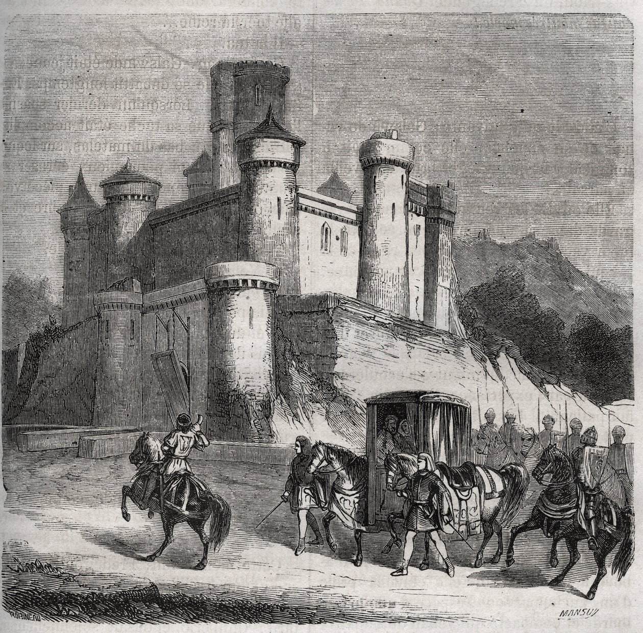 Le cortège de Rigonde (Rigonthe) (vers 569-après 589) quitte Paris pour rejoindre son fiancé, le prince Recarede. Gravure de 1871 dans « Histoire Des Cocus Célèbres » par Henry de Kock (1819-1892). - French School