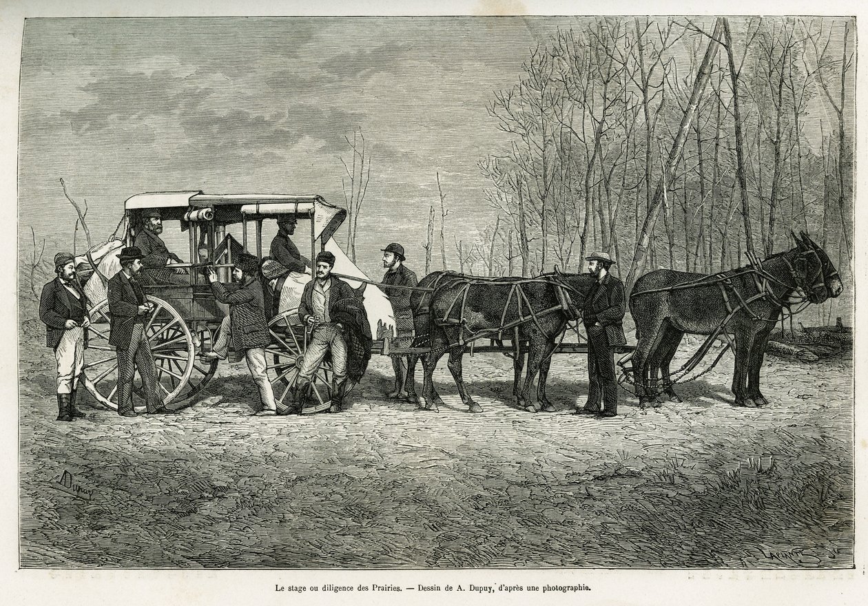 La course ou diligence sur le cheval des prairies, dessin de A. Dupuis, pour illustrer le récit d
