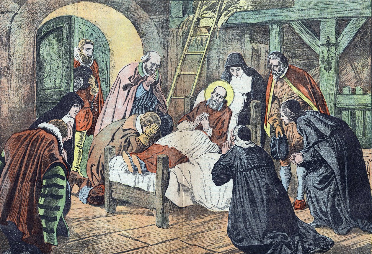 La mort de Saint François de Sales le 18 décembre 1622 à Lyon est entourée de fideles. "Le pelerin" du 31/12/1922 (impression) - French School
