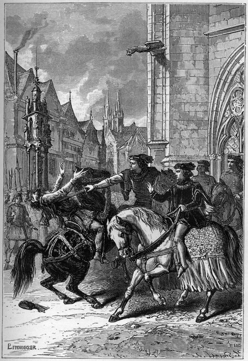 La mort de Wat Tyler à Smithfield, Londres, en 1381 pendant la révolte des paysans - Mort de Wat (ou Walter) Tyler, révolutionnaire anglais, à Smithfield, pendant la révolte des paysans, Londres - French School