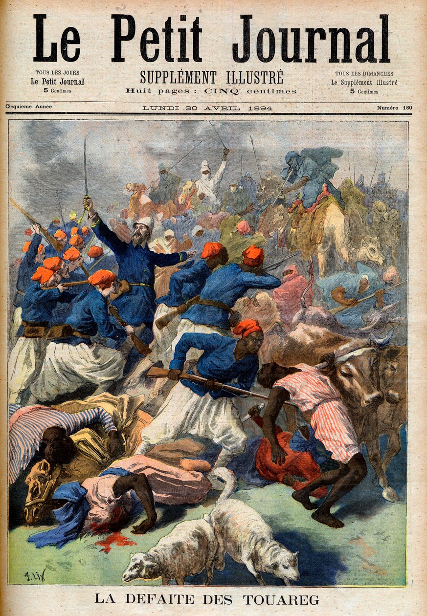 La défaite des Touaregs. Troupes coloniales françaises sous le commandement du lieutenant-colonel Joseph Joffre (1852-1931). Illustration pour Le Petit Journal, 30 avril 1894. - French School