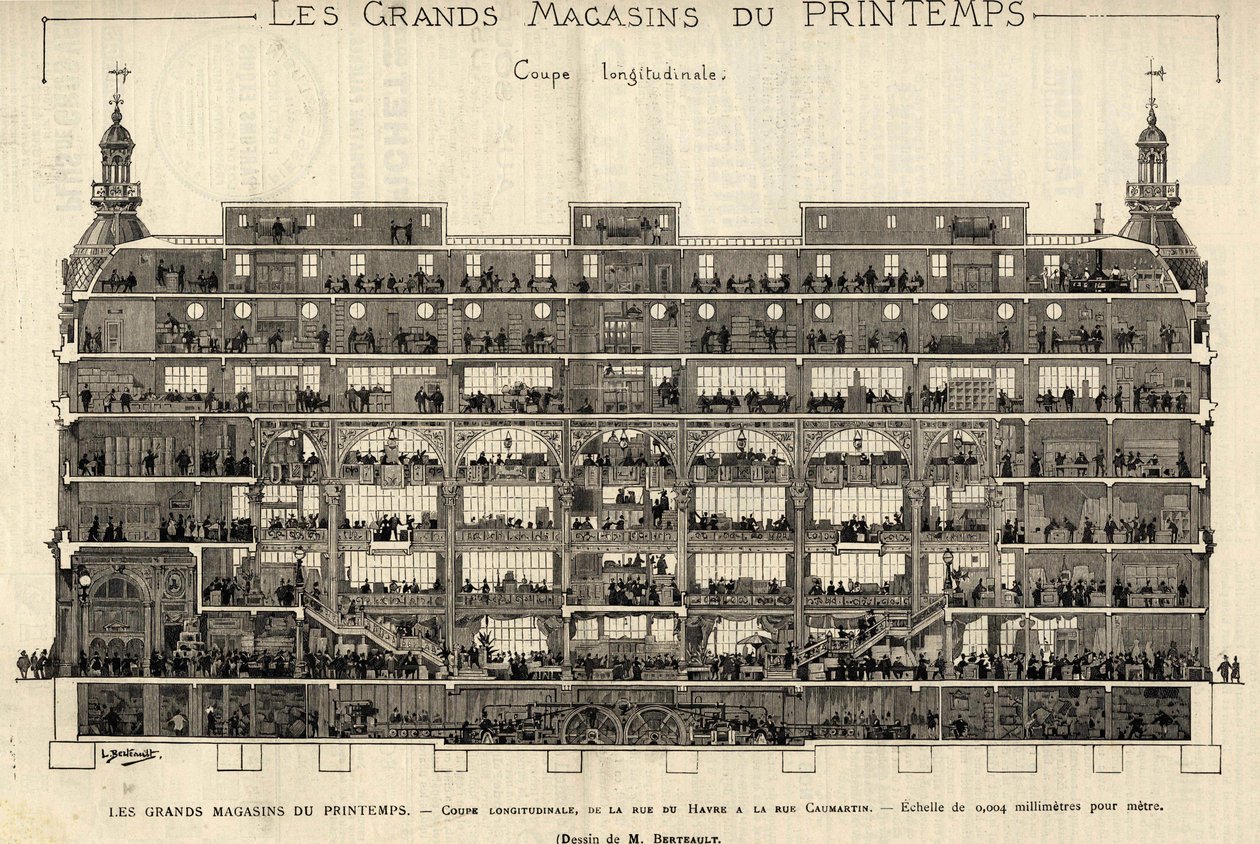 Les grands magasins du Printemps en 1889, coupe longitudinale, de la rue du Havre à la rue Caumartin, dessin de Berteault, collection Bianchetti - French School