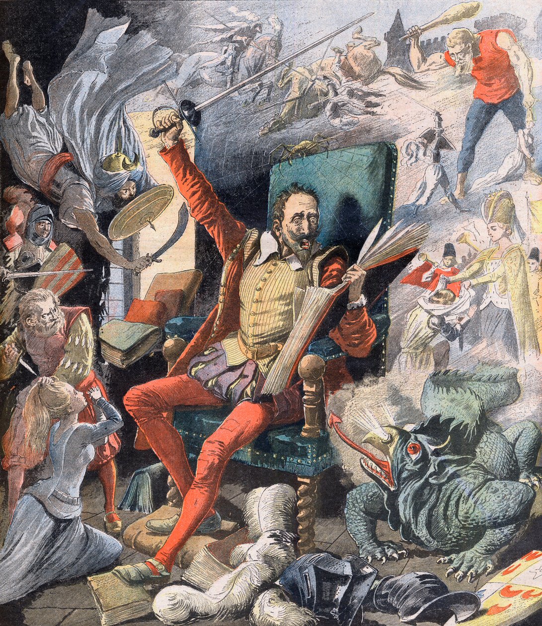 Le rêve de Don Quichotte (Miguel De Cervantes) - Illustration pour Le petit Journal, 21 mai 1905. - French School