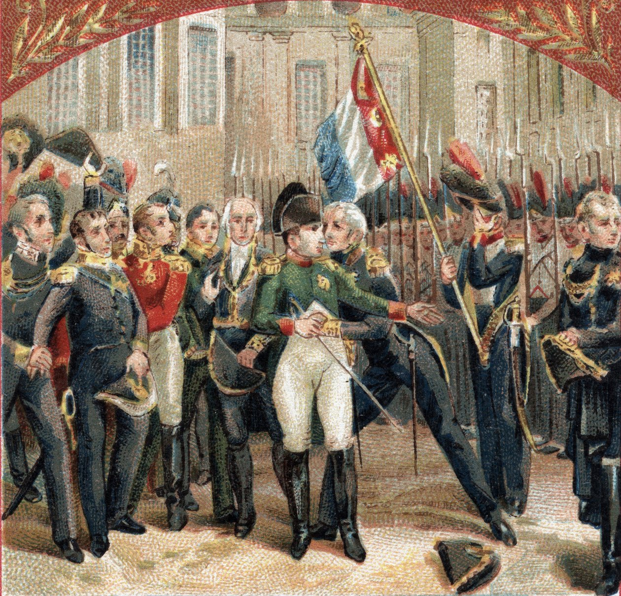Les adieux de Napoléon Bonaparte (1769-1821) à la garde impériale dans la cour du Cheval Blanc au château de Fontainebleau le 20/04/1814. Chromolithographie de la fin du 19e siècle - French School